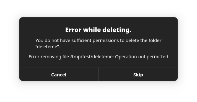 A screenshot of Gnome's Nautilus telling the user that they do not have the necessary permissions to remove the folder "deleteme"