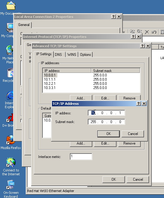 A screenshot the Windows 2000 control panel, showing a dialog to edit the IP address and subnet mask from a list